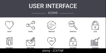 set di icone della linea di concetto dell'interfaccia utente. contiene icone utilizzabili per il web, il logo, l'interfaccia utente/ux come condivisione, zoom indietro, documento, cuore, sbloccato, database, blocco, Illustrazione Vettoriale