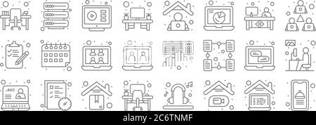 icone della linea di casa. set lineare. set di linee vettoriali di qualità come app per il cibo, videochiamata, scrivania dell'ufficio, registrazione, comunicazione, lavoro di squadra, dipendente, scheda dati Illustrazione Vettoriale