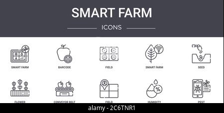 set di icone per linee di concetto smart farm. contiene icone utilizzabili per web, logo, ui/ux quali codici a barre, smart farm, fiore, campo, umidità, parassiti, semi, campo Illustrazione Vettoriale