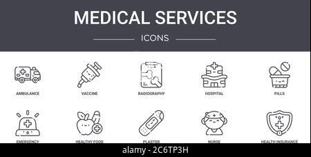 set di icone della linea di concetto dei servizi medici. contiene icone utilizzabili per il web, logo, ui/ux come vaccino, ospedale, emergenza, intonaco, infermiere, insur per la salute Illustrazione Vettoriale