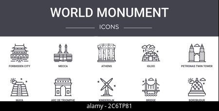 set di icone della linea di concetto del monumento mondiale. contiene icone utilizzabili per il web, il logo, l'interfaccia utente/utente come mecca, igloo, maya, kinderdijk, bridge, borobudur, petronas Illustrazione Vettoriale