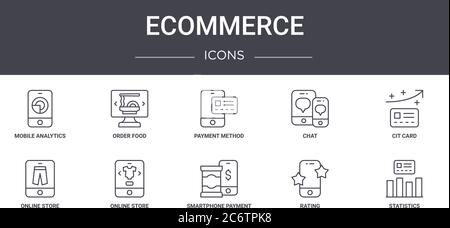 set di icone della linea di concetto ecommerce. contiene icone utilizzabili per il web, il logo, l'interfaccia utente/utente, come ordinare cibo, chat, negozio online, pagamento smartphone, rating, dati Illustrazione Vettoriale