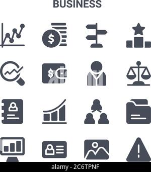 set di 16 icone di linee vettoriali aziendali. 64x64 icone di tratti sottili come pila di monete, analisi dei dati, legge, relazione, scheda id, avviso, foto, uomo Illustrazione Vettoriale