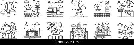 12 insieme di icone turistiche lineari. icone di contorno sottile come aereo, castello, taj mahal, piscina, caravan, alba per il web, mobile Illustrazione Vettoriale
