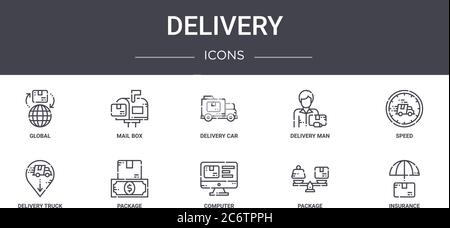 set di icone della linea di concetto di consegna. contiene icone utilizzabili per il web, il logo, l'interfaccia utente/utente, come la casella postale, il corriere, il camion di consegna, il computer, il pacchetto, l'assicurazione Illustrazione Vettoriale
