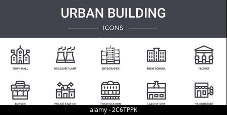 set di icone della linea di concetto dell'edificio urbano. contiene icone utilizzabili per il web, il logo, l'interfaccia utente/utente, come impianti nucleari, scuole superiori, hamburger, stazione ferroviaria, laboratorio Illustrazione Vettoriale