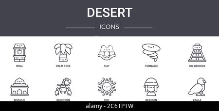 set di icone della linea desert concept. contiene icone utilizzabili per il web, il logo, l'interfaccia utente/utente, come palme, tornado, moschea, hot, beduino, aquila, olio derrick, cappello Illustrazione Vettoriale