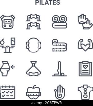 set di 16 icone di linee vettoriali pilates. 64x64 icone di ictus sottile come pushup, dieta bilanciata, forte, yoga, mela, pietra calda, mano, misurazione t Illustrazione Vettoriale
