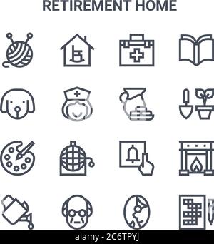 set di 16 icone di linee vettoriali di concetto di casa di riposo. 64x64 icone di tratto sottile come casa di riposo, cane, pentola di pianta, allarme, anziani, crossword, ol Illustrazione Vettoriale