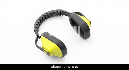 Cuffie, protezione dell'udito, dispositivi di sicurezza per il lavoro industriale. Cuffie protettive isolate su sfondo bianco. Attrezzature per la salute e la sicurezza personale co Foto Stock