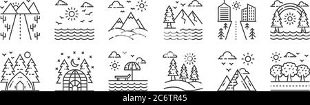 12 insieme di icone lineari natura e paesaggio. icone sottili come alberi, foreste, campeggio tenda, paesaggio urbano, colline, spiaggia per il web, mobile Illustrazione Vettoriale