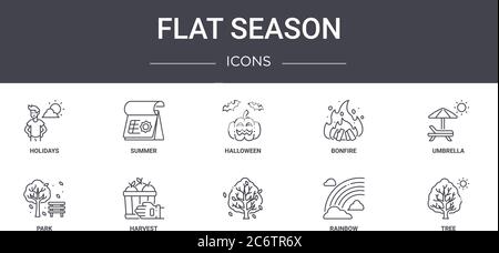 set di icone per la linea concettuale di stagione piatta. contiene icone utilizzabili per il web, il logo, l'interfaccia utente/utente, come estate, falò, parco, arcobaleno, albero, ombrello, halloween Illustrazione Vettoriale