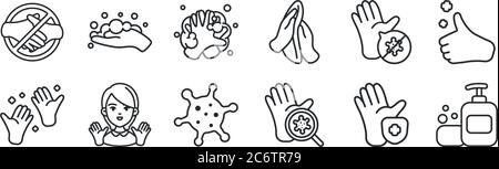 set di 12 icone con contorni sottili come sapone, coronavirus, consulente, pulizia, lavaggio delle mani, lavaggio delle mani per il web, mobile Illustrazione Vettoriale