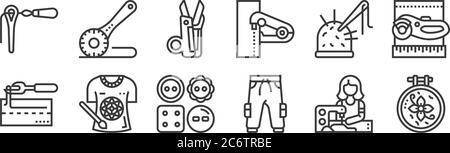 12 icone di apparecchi da cucire lineari, icone di contorni sottili come ricami, pantaloni, magliette, ditale da cucire, forbici da cucire, misure per il nastro, Illustrazione Vettoriale