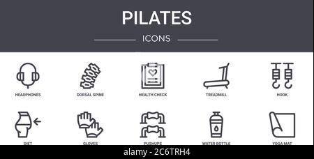 set di icone della linea di concetto pilates. contiene icone utilizzabili per il web, logo, ui/ux come colonna dorsale, tapis roulant, dieta, pushup, bottiglia d'acqua, tappetino yoga, hoo Illustrazione Vettoriale