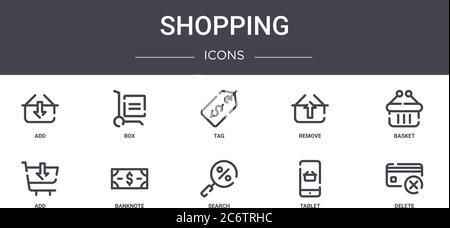 set di icone della riga del concetto di acquisto. contiene icone utilizzabili per il web, il logo, l'interfaccia utente/utente, come box, remove, add, search, tablet, delete, basket, tag Illustrazione Vettoriale