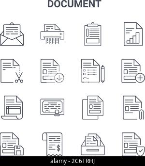 set di 16 icone di linee vettoriali per il concetto di documento. 64x64 icone di tratti sottili come sh, cut, create, copy, receipt, protection, archive, contract, report Illustrazione Vettoriale