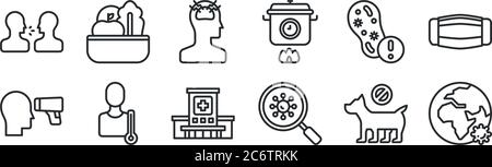 set di 12 icone con contorni sottili come globo, coronavirus, termometro, coronavirus, mal di testa, verdure per il web, cellulare Illustrazione Vettoriale