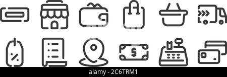 12 set di icone per gli acquisti lineari. icone con contorni sottili come cit card, denaro, lista, carrello, portafoglio, negozio per il web, cellulare Illustrazione Vettoriale