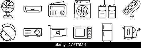 set di 12 icone con contorni sottili come bollitore, forno a microonde, proiettore, walkie talkie, radio, campione di colore dei capelli per il web, dispositivi mobili Illustrazione Vettoriale
