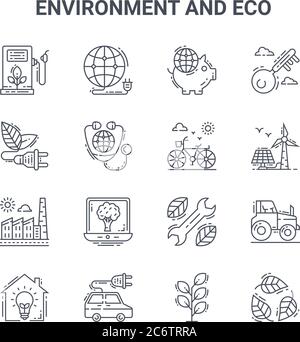 set di 16 icone di linee vettoriali ecologiche e ambientali. 64x64 icone di corsa sottile come energia, energia, energia eolica, attrezzi di riparazione, auto elettrica, foglia Illustrazione Vettoriale