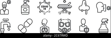 set di 12 icone di contorno sottile come spruzzatore, maschera a gas, pillole, naso, covid, sapone per le mani per il web, mobile Illustrazione Vettoriale