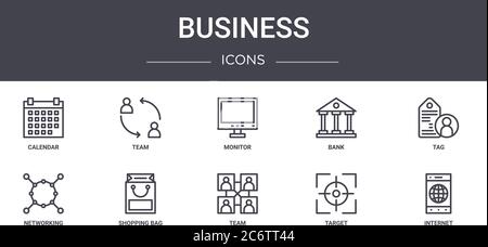 set di icone di linea di concetto aziendale. contiene icone utilizzabili per il web, il logo, l'interfaccia utente/utente, quali team, banca, networking, team, target, internet, tag, monitor Illustrazione Vettoriale