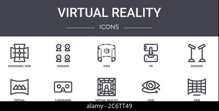 set di icone della linea di concetto di realtà virtuale. contiene icone utilizzabili per il web, il logo, l'interfaccia utente/utente, quali sensori, vr, virtuale, realtà virtuale, vista, vista, sensori, Illustrazione Vettoriale