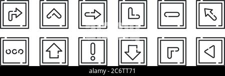 set di 12 icone di contorno sottili come indietro, giù, freccia su, meno, destra, freccia su per il web, dispositivi mobili Illustrazione Vettoriale