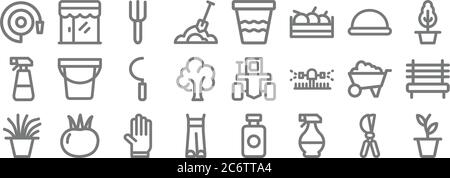 landscaping equipment line icons. set lineare. set di linee vettoriali di qualità come pentola di pianta, spray, pantaloni, pentola di pianta, carriola, falce, pentola di pianta, s Illustrazione Vettoriale