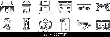 set di 12 icone con contorni sottili come toilette, smartphone, striscioni, occhiali da sole, altoparlante, limonata per il web, cellulare Illustrazione Vettoriale