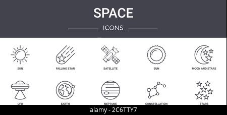 set di icone di linee di concetto dello spazio. contiene icone utilizzabili per il web, il logo, l'interfaccia utente/utente, come stelle cadenti, sole, ufo, nettuno, costellazione, stelle, luna e stelle Illustrazione Vettoriale