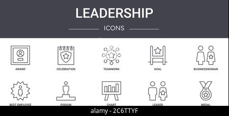 set di icone della linea di concetto di leadership. contiene icone utilizzabili per il web, il logo, l'interfaccia utente/utente, come celebrazione, obiettivo, miglior dipendente, grafico, leader, medaglia, business Illustrazione Vettoriale