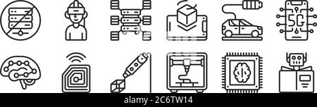 set di 12 icone con contorni sottili come apprendimento automatico, stampante d, chip rfid, auto elettrica, big data, realtà virtuale per il web, dispositivi mobili Illustrazione Vettoriale