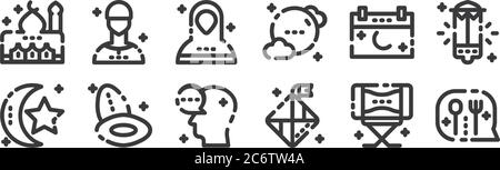 12 set di icone lineari ramadan kareem. icone con contorni sottili come forchetta, diamanti, palma, data, musulmani, musulmani per il web, mobile Illustrazione Vettoriale