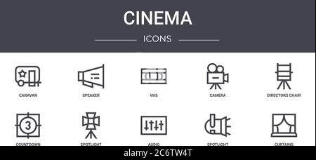 set di icone per linee cinematografiche. contiene icone utilizzabili per il web, il logo, l'interfaccia utente/ux, quali altoparlante, telecamera, conto alla rovescia, audio, riflettori, tende, registi ch Illustrazione Vettoriale