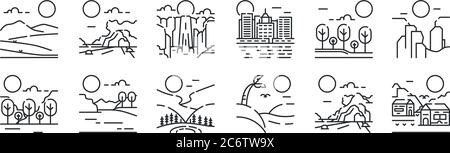 set di 12 icone di contorni sottili come villaggio, oasi, lago, foresta, cascata, grotta per il web, mobile Illustrazione Vettoriale