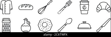 set di 12 icone con contorni sottili come coltello da tavola, cucchiaio, olio d'oliva, tazza di caffè, frusta, pane per il web, cellulare Illustrazione Vettoriale