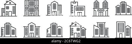 set di 12 icone di contorni sottili come edifici, edifici, edifici, per il web, per dispositivi mobili Illustrazione Vettoriale
