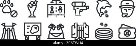 set di 12 icone di contorni sottili come parco acquatico, cascata, mappa, delfini, doccia, gelato tazza per il web, cellulare Illustrazione Vettoriale