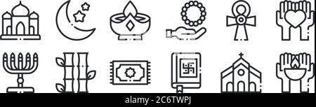 set di 12 icone di contorno sottili come candela, vedas, bambù, ankh, candela, luna per il web, cellulare Illustrazione Vettoriale