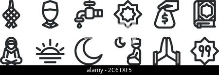 insieme di 12 icone di contorno sottile come faith in allah, shalat, tramonto, zakat, acqua, uomo avatar per il web, cellulare Illustrazione Vettoriale