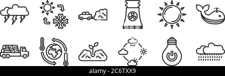 set di 12 icone con contorni sottili come pioggia, meteo, riscaldamento globale, sole, inquinamento atmosferico, cambiamenti climatici per il web, dispositivi mobili Illustrazione Vettoriale