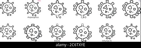 set di 12 icone sottili come virus, virus, malaria, herping, coronavirus, virus per il web, mobile Illustrazione Vettoriale