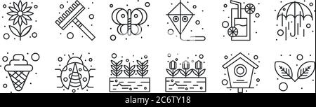 set di 12 icone di contorni sottili come foglie, piante, ladybird, succo d'arancia, farfalla, rastrello per il web, mobile Illustrazione Vettoriale