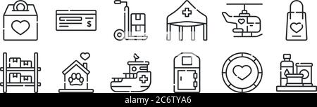 set di 12 icone con contorni sottili come cibo, wc pubblico, ricovero per animali domestici, elicottero, carrello di consegna, controllare il web, cellulare Illustrazione Vettoriale