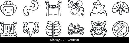 set di 12 icone di contorni sottili come nessun taglio, buggy, elefante, montagna, ponte, centipede per il web, mobile Illustrazione Vettoriale