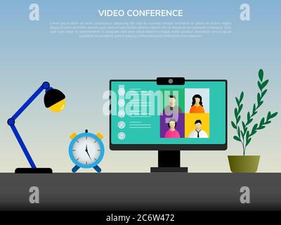 conferenza video sul concetto di design piatto con illustrazione vettoriale. riunione online per il lavoro da casa. Illustrazione Vettoriale