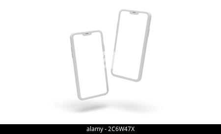 Smartphone bianchi. Modello di telefono realistico. Schermo vuoto per inserire qualsiasi interfaccia utente. Due telefoni cellulari galleggianti su sfondo bianco per le aziende Foto Stock