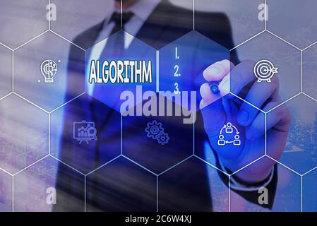 Algoritmo di scrittura concettuale a mano. Concetto indica un metodo o un insieme di regole per i calcoli o altre griglie di risoluzione dei problemi e icone diverse Foto Stock